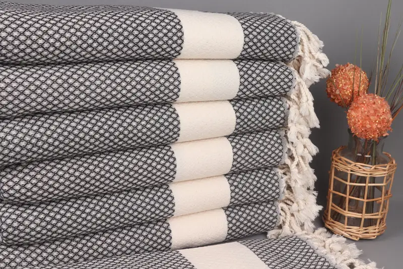 Personalized Embroidered Turkish Beach Towel, Black with Beige, Organic Cotton, 36x67 Inches