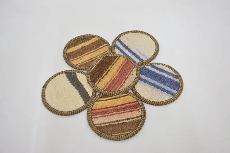 滑り止めブルーとベージュのストライプコースター、コースター6枚セット
