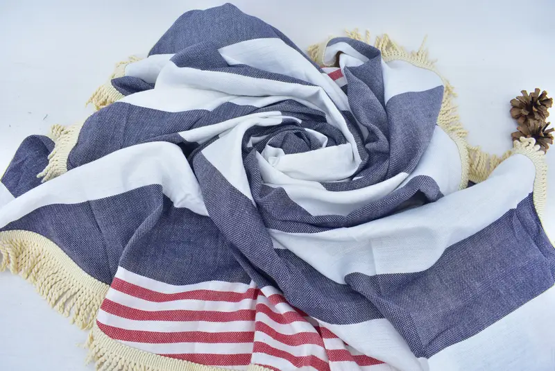 Personalized Turkish Beach Towel Blue-Navy Stripes, Organic Cotton, 63x63 Inches