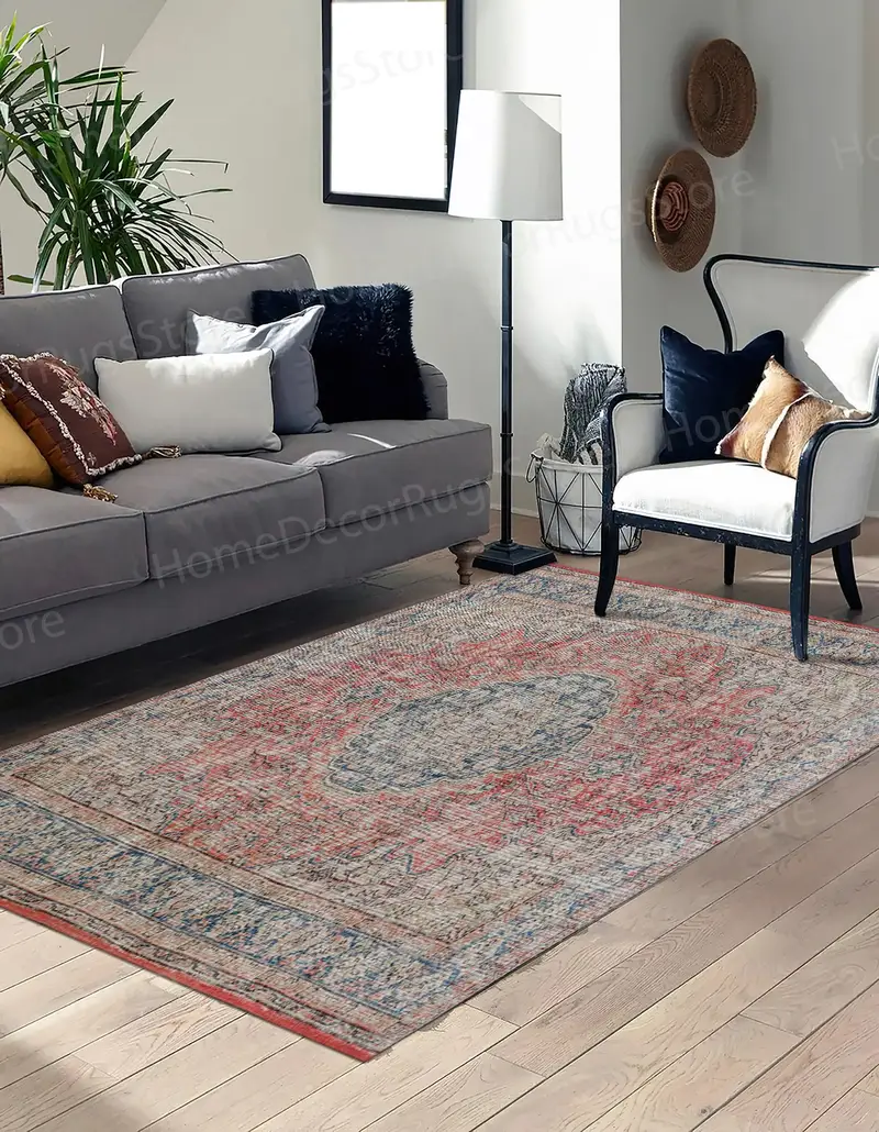 Red Medallion Printed Rug: Antique Style, Ethnic Vintage Design