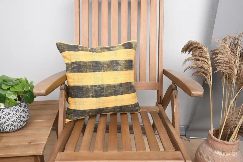 Striped Turkish Contemporary Pillow Case, Wool Antique 16x16 inch Yellow Euro Sham - 1