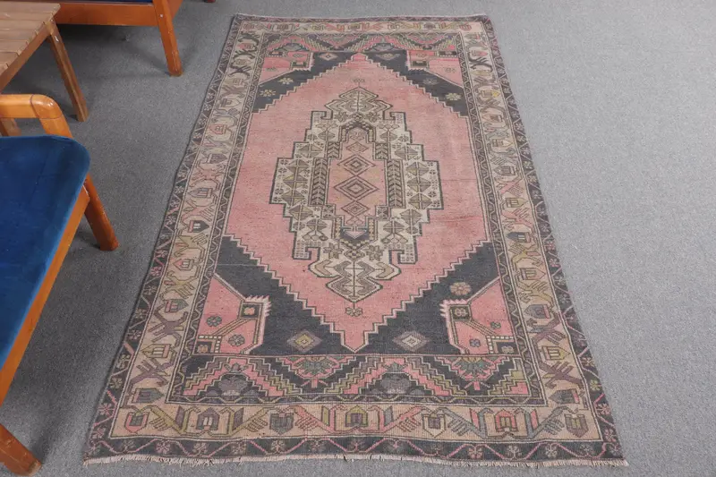 Turkish Vintage Area Rug 3.8x6.5 ft, Red Black Striped Wool Rug - 1