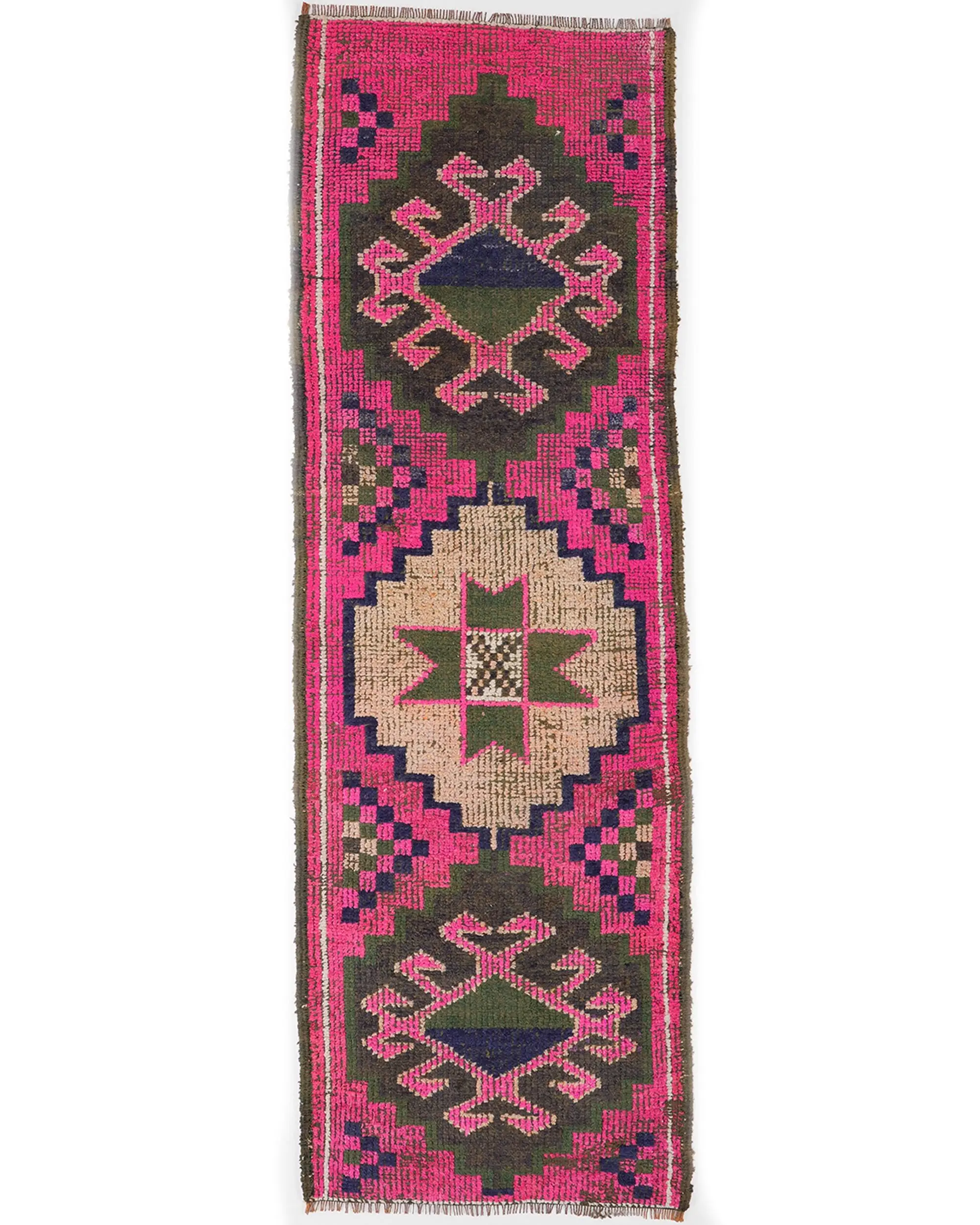 Turkish Vintage Rug, 3.1x9.4 ft Runner Rug, Pink Herki Bordered Rug - 1