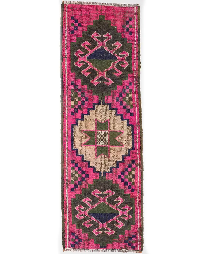 Zarif Pembe Halı, Yeşil Bordürlü 3,1x9,4 ft