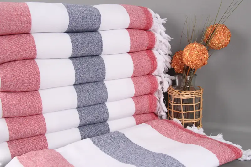 Beach Towel Custom Turkish Red-Navy Blue Striped Terry, 36x63 Inches