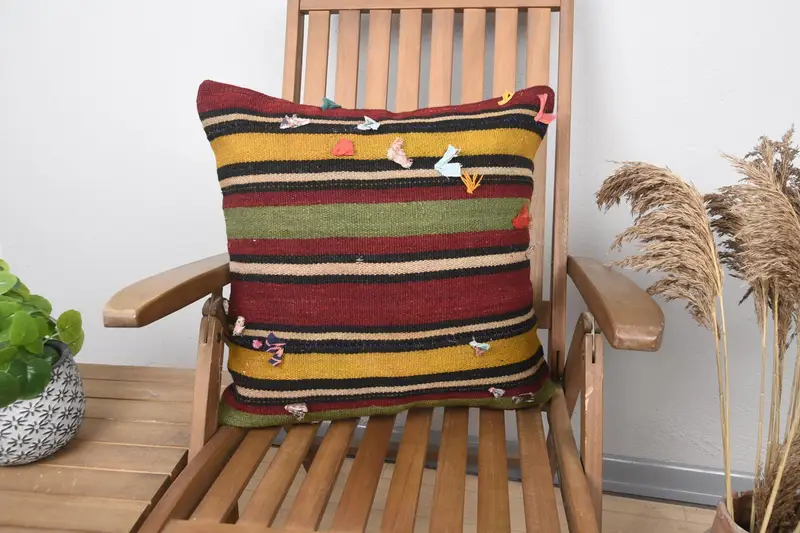 Vintage Gift Wool Euro Sham, 20x20 inch WovenRed Striped Cushion Case - 1