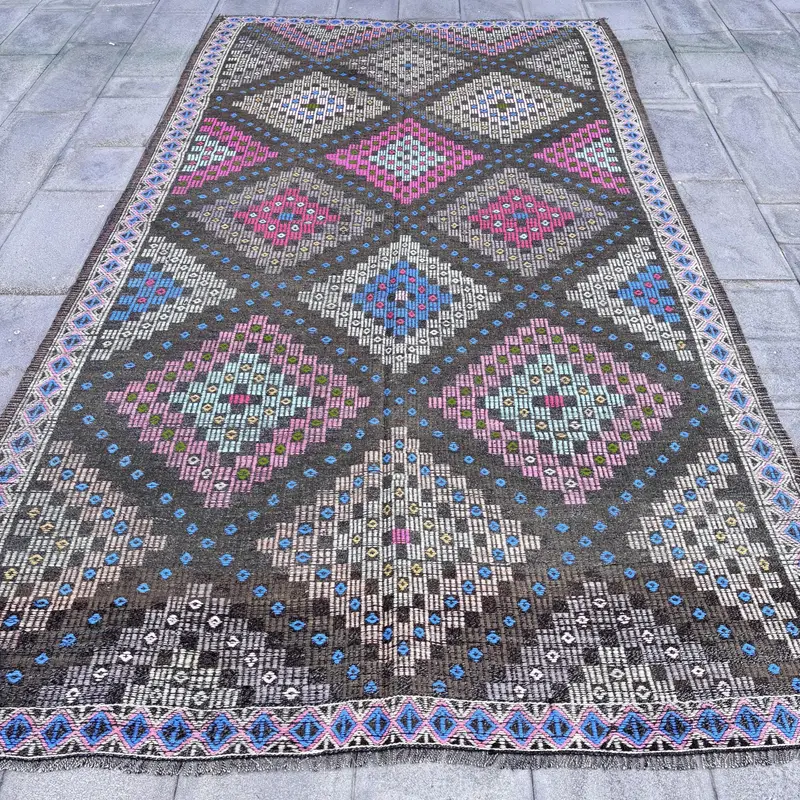 Yeşil, Mavi Kamuflaj Halı, 6,3x11,2 ft Şık Dekor