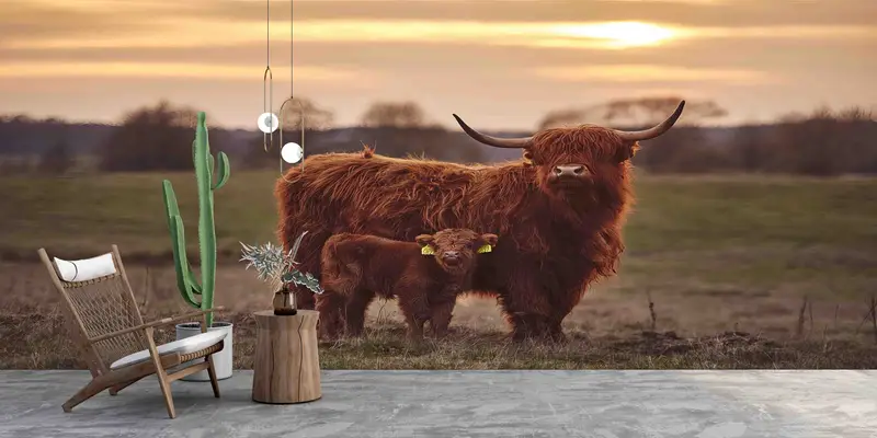 Elegante bedruckte Tapete mit tropischem Kuhfarm-Bauernhaus an der Küste