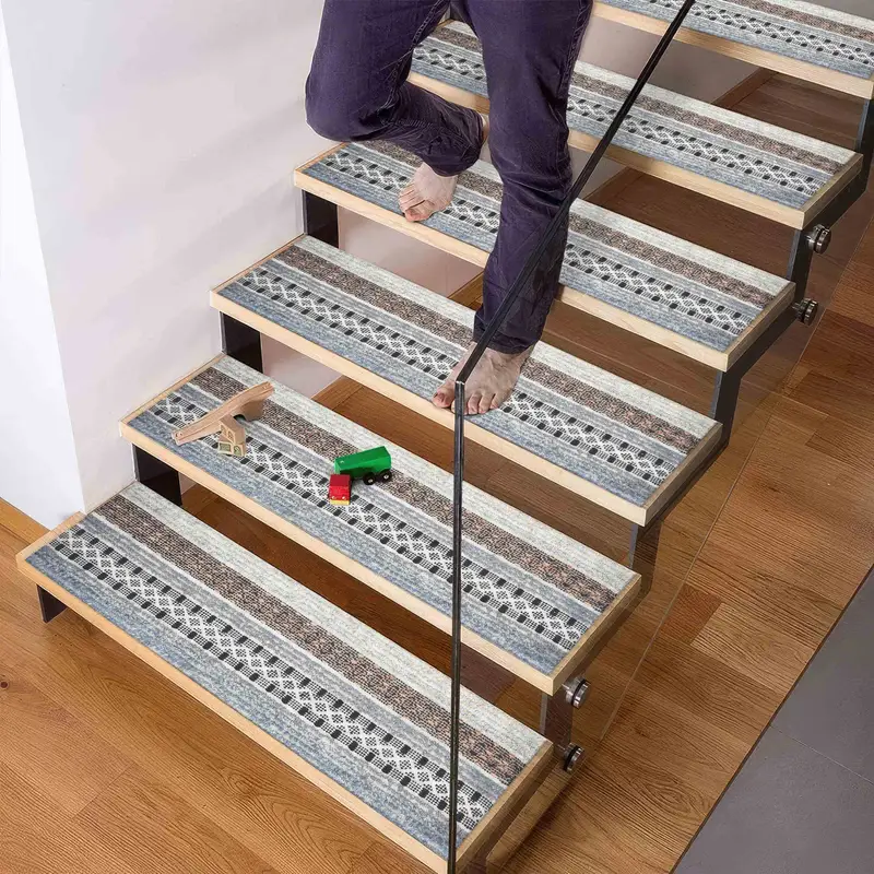 Blue Ethnic Striped Stair Rug, Bohemian Kilim Design Printed Rug