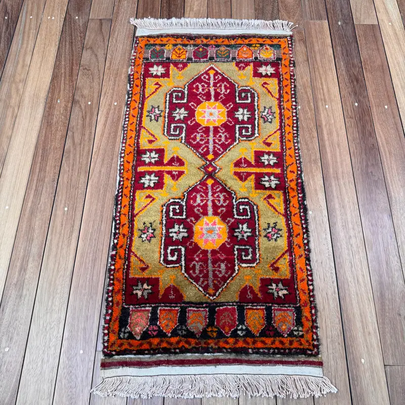 Vintage Rug, Small 1.9x3.9 ft Turkish Rug, Red Orange Ombré Wool Rug - 1
