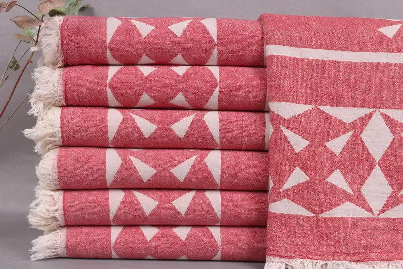 Organic Cotton Beach Towel Beige, Red Peshtemal, 36x67 Inches