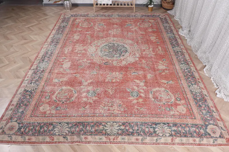 El Yapımı Kırmızı ve Mavi Patchwork Halı, 7,3x11,7 ft