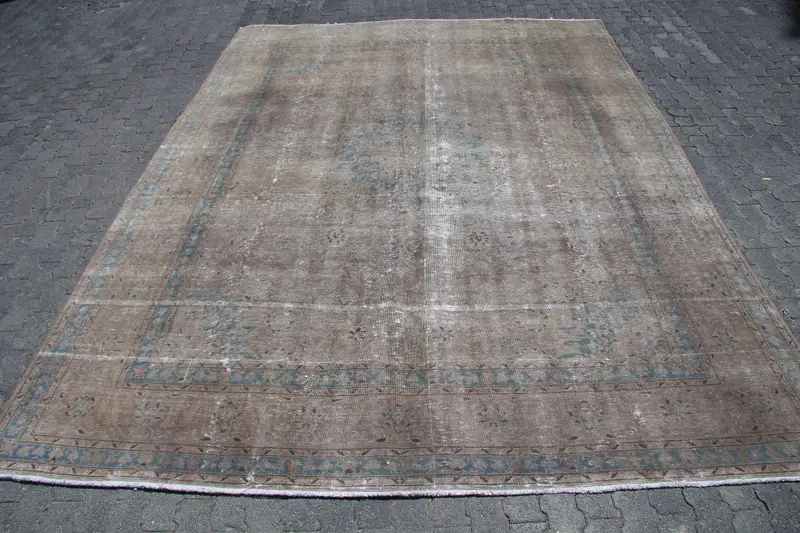 Turkish Vintage Rug, 9.6x12.5 ft Oversize Rug, Brown Blue Check Rug - 1