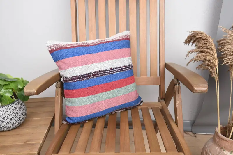Colorful Pillow Sham, Vintage Kilim Pillow, Interior Designer Pillow, Knitted Pillow, Throw Kilim Pillow, 16x16 Blue Cushion Case, Cushion - 1