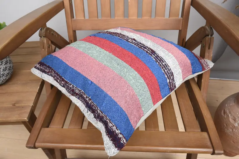 Colorful Pillow Sham, Vintage Kilim Pillow, Interior Designer Pillow, Knitted Pillow, Throw Kilim Pillow, 16x16 Blue Cushion Case, Cushion - 4