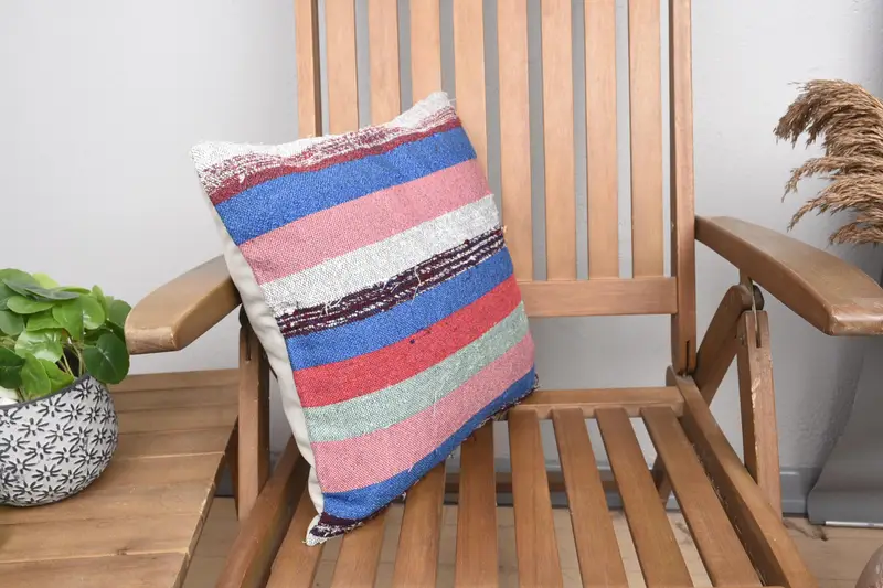 Colorful Pillow Sham, Vintage Kilim Pillow, Interior Designer Pillow, Knitted Pillow, Throw Kilim Pillow, 16x16 Blue Cushion Case, Cushion - 2