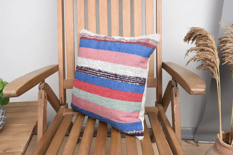 Colorful Pillow Sham, Vintage Kilim Pillow, Interior Designer Pillow, Knitted Pillow, Throw Kilim Pillow, 16x16 Blue Cushion Case, Cushion - 3