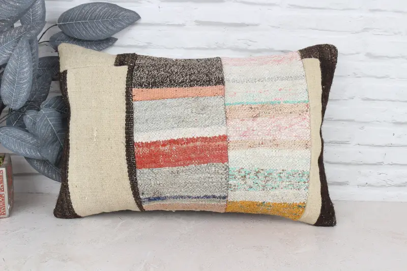 Handmade Kilim Cushion, Boho Pillow, Cushion, Turkish Pillow, Pattern Throw Pillow Case, 16x24 White Cushion Cover, Ottoman Pillow Cover - 1
