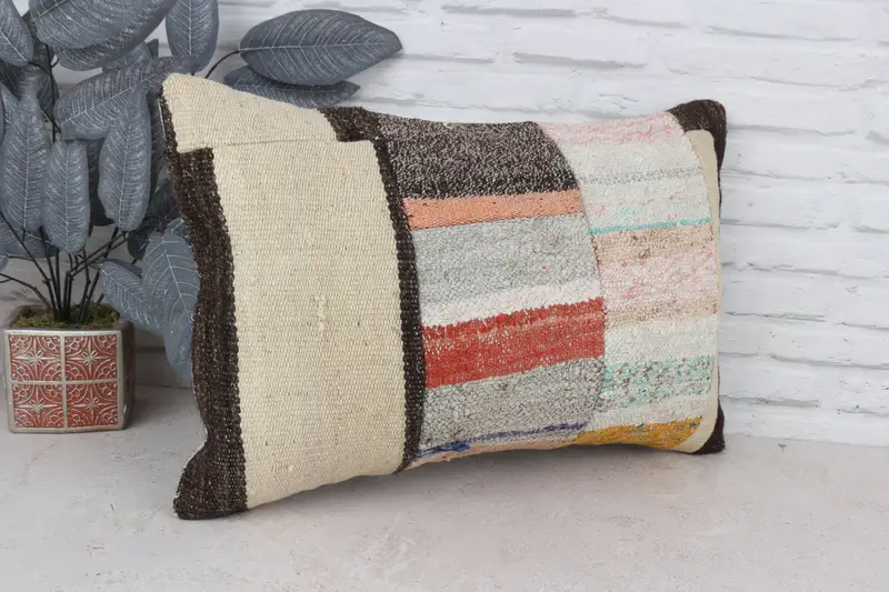 Handmade Kilim Cushion, Boho Pillow, Cushion, Turkish Pillow, Pattern Throw Pillow Case, 16x24 White Cushion Cover, Ottoman Pillow Cover - 3