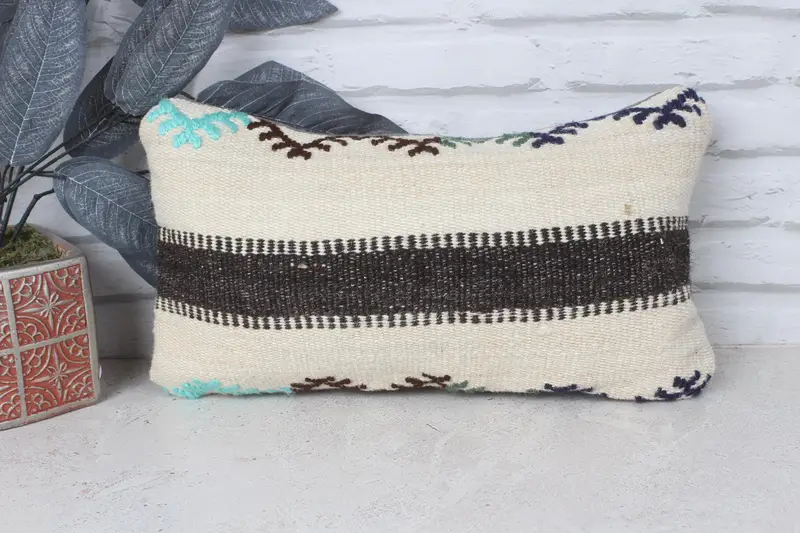 Cushion, Muted Pillow, 8x16 Beige Cushion Case, Boho Pillow Sham Cover, Home Decor Pillow, Neutral Pillow Case, Turkish Kilim Pillow - 1