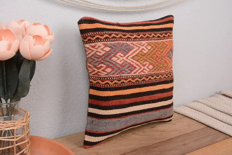 Almohada de tiro a rayas naranja y bronce, almohada vintage bordada de 14x14