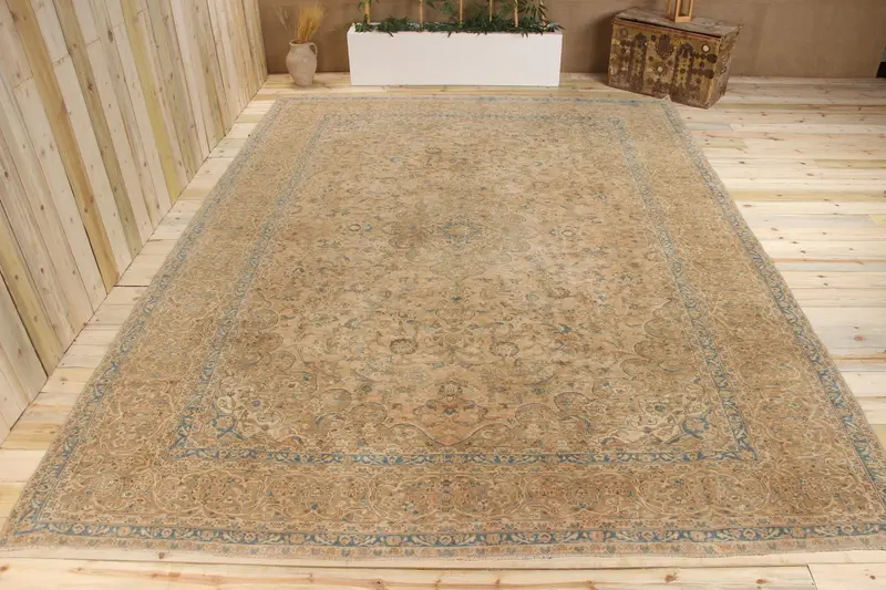 Handmade Bronze & Blue Rug, 0.8x12.5 ft Floral & Geometric