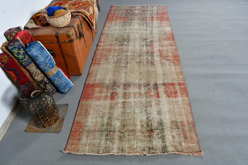 Vintage Türk Yolluk Halısı 3.1x8.8 ft (95x269 cm), Kırmızı Çizgili Oushak Halı - 1