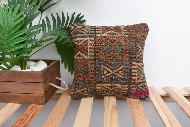 12x12 Brown Pillow Case, Seat Pillow Sham, Pillow Cover, Boho Pillow Sham Cover, Aztec Pillow Sham, Turkish Kilim Pillow, Pillow for Couch - 1