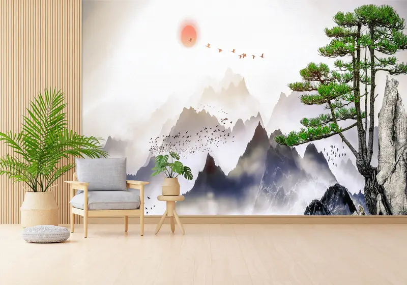 Ev Dekorasyonu için Zarif Japon Dağ Manzarası Baskılı Duvar Kağıdı