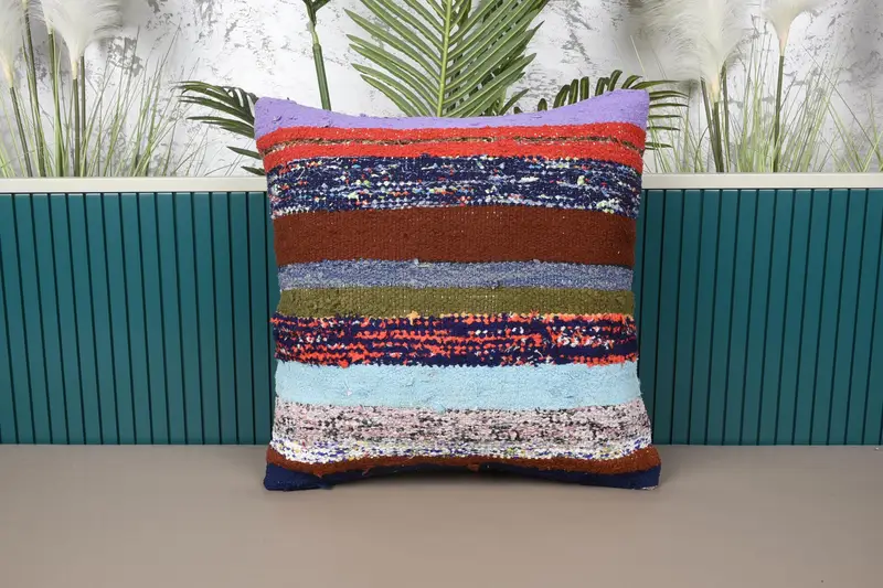 Almohada de tiro de rayas azules y rojas, cojín bordado vintage