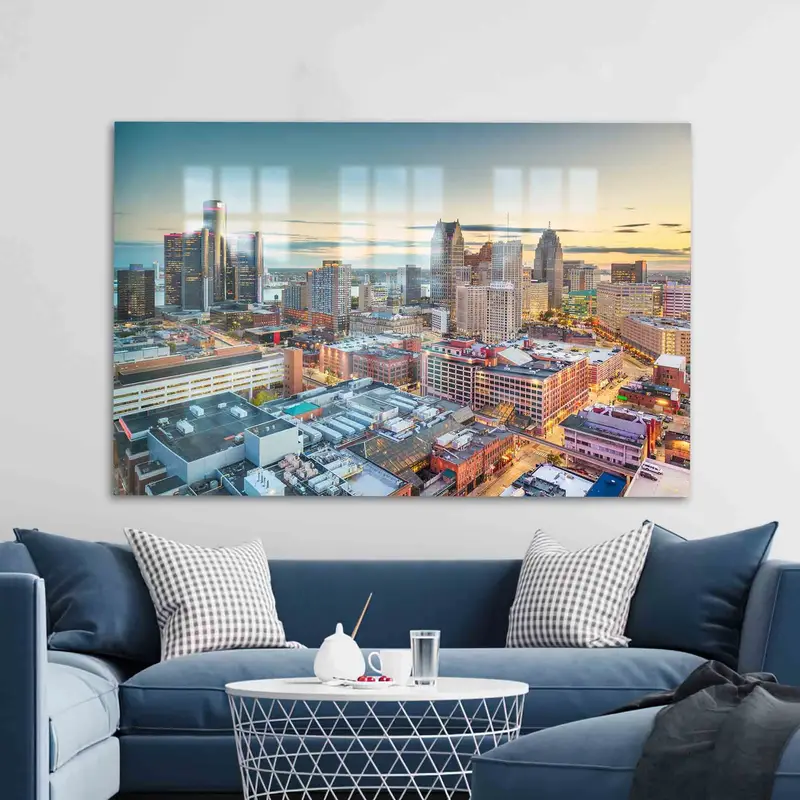 デトロイト スカイライン プリント ガラス: 現代住宅のためのエレガントな都市景観デザイン