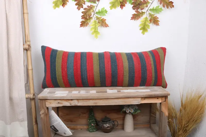 Red & Green Striped Throw Pillow, Embroidered Vintage Pillow