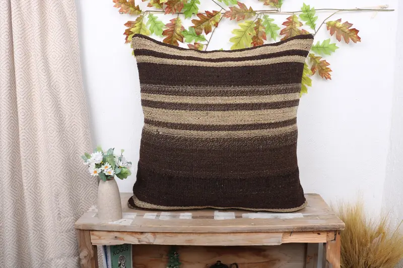 Antique Pillows, Bolster Cushion, Car Pillow, Throw Kilim Pillow, Vintage Pillow, 24x24 Brown Cushion, Cushion Cover - 1