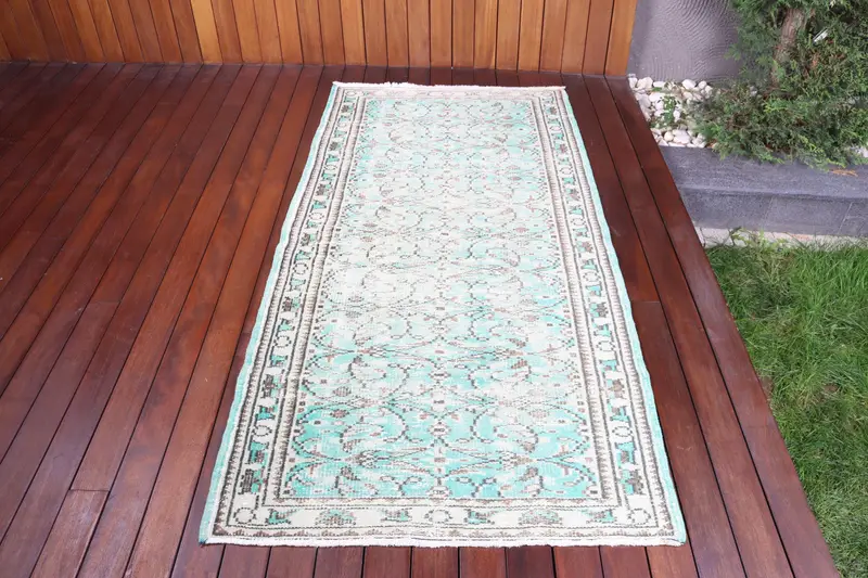 Türkischer 3,2x6,6 ft Teppich, Oushak Vintage Teppich, blauer floraler Wollteppich - 1
