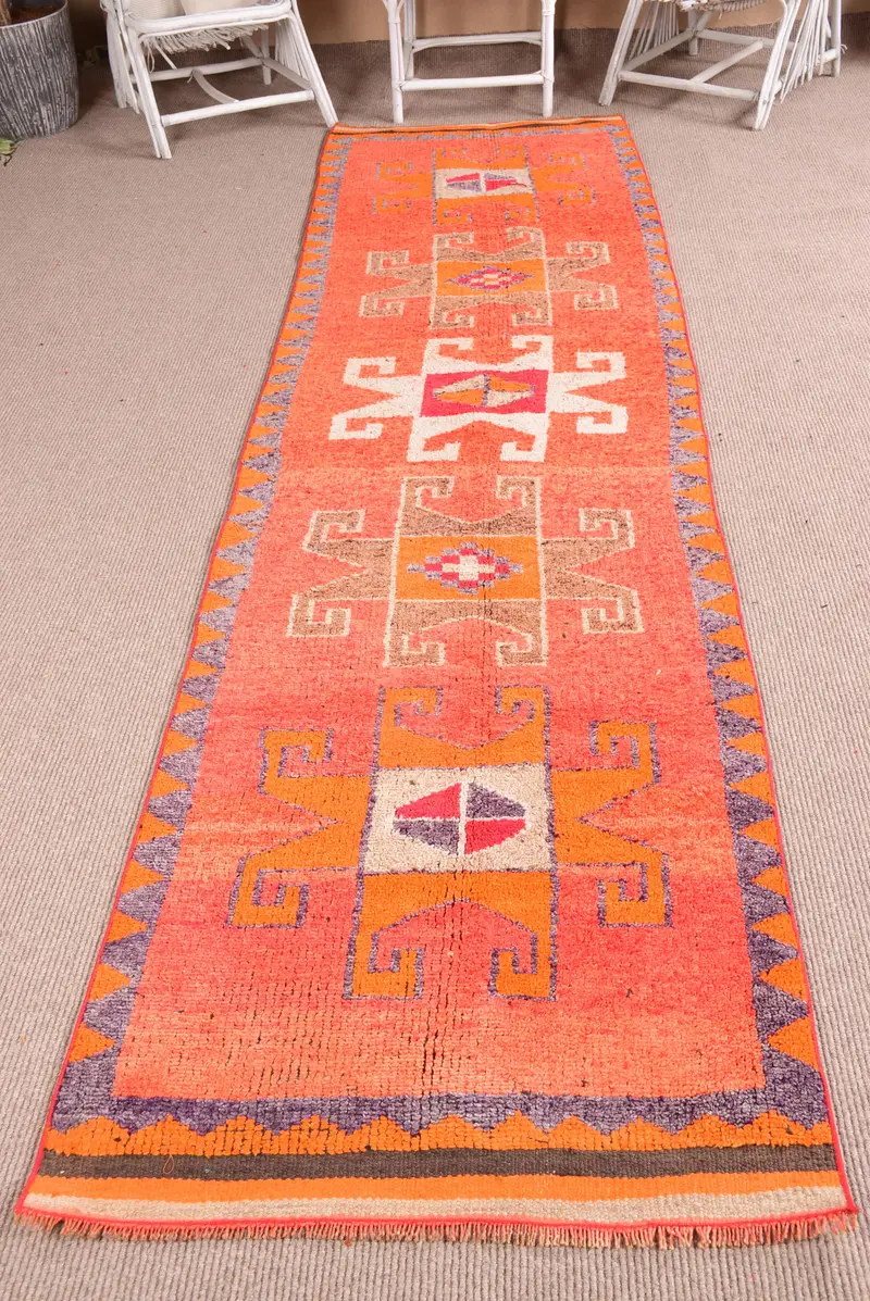 Türk Vintage Herki Halı 3x11.6 ft, Turuncu Yolluk Katı Yün Halı - 1