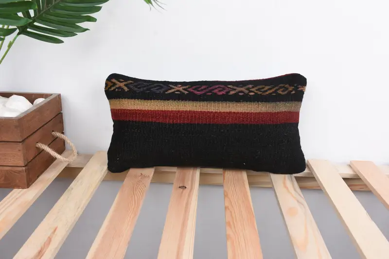 Patio Pillow Case, Vintage Pillow, Pillow Cover, Pillow for Couch, Boho Pillow, Turkish Kilim Pillow, 8x16 Black Cushion Case - 1
