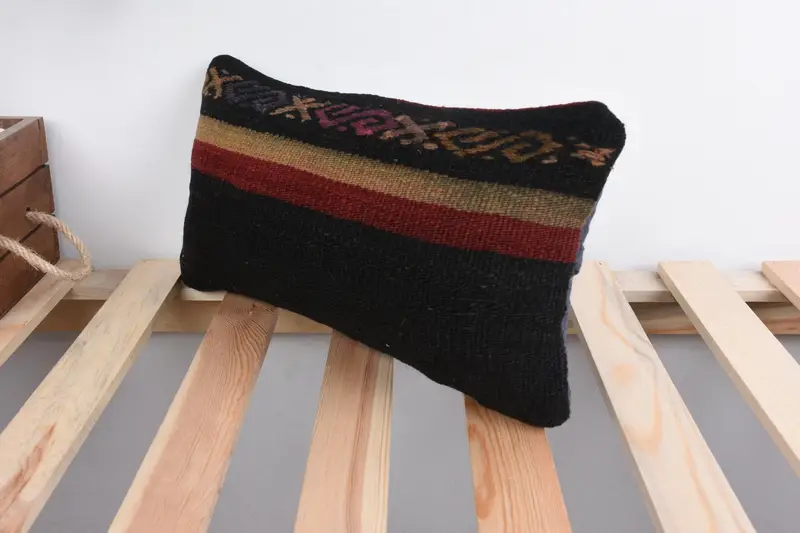 Patio Pillow Case, Vintage Pillow, Pillow Cover, Pillow for Couch, Boho Pillow, Turkish Kilim Pillow, 8x16 Black Cushion Case - 5