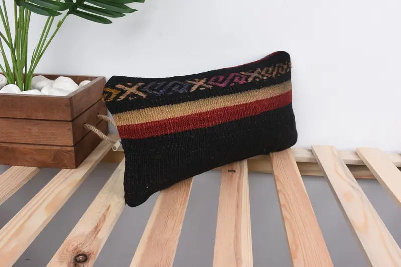 Patio Pillow Case, Vintage Pillow, Pillow Cover, Pillow for Couch, Boho Pillow, Turkish Kilim Pillow, 8x16 Black Cushion Case - 4