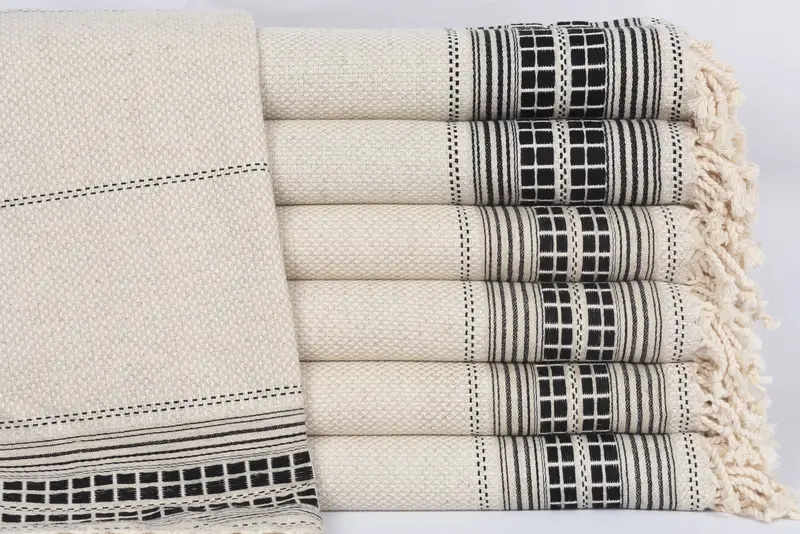 Handmade Turkish Beach Towel, Black Striped Linen, 67x40 Inches