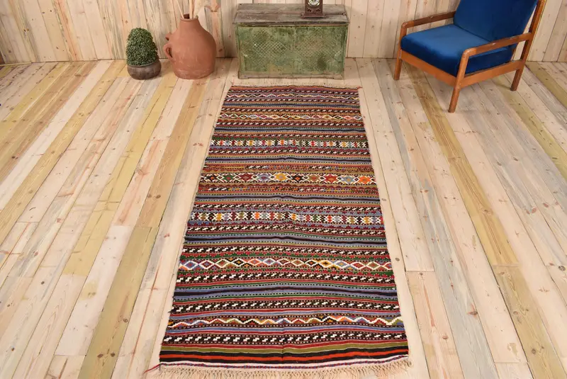 Kırmızı & Mavi Soyut Halı, 3,4x8,2 ft Şık Dekor