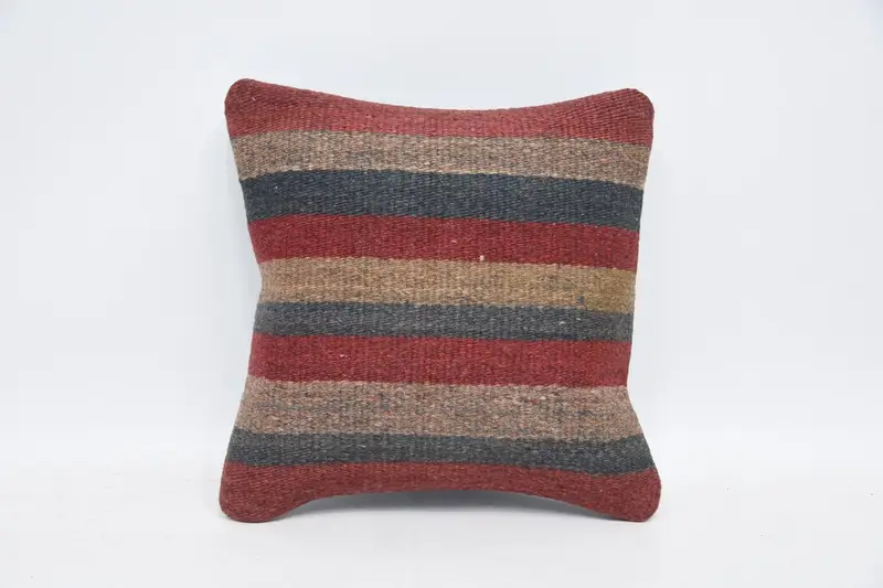 Vintage Small Square Striped Cushion Case, Wool Antique 30x30 cm Blue Pillow Case - 1