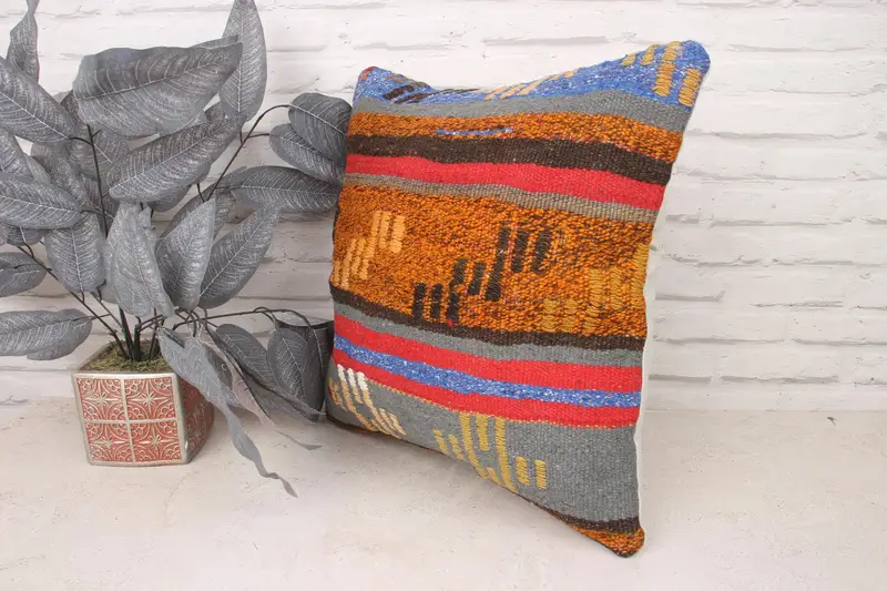 Interior Designer Pillow, 18x18 Orange Pillow Case, Throw Kilim Pillow, Car Cushion Case, Ottoman Cushion Case, Cushion, Kilim Pillow - 4