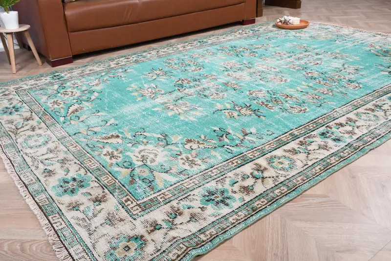 Türk Halısı, 6.1x9.4 ft Büyük Vintage Halı, Oushak Mavi Beyaz Düz Halı - 1