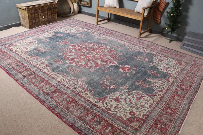 8.1x11.5フィートのラグ、レッド&ブルーのストライプの幾何学デザイン