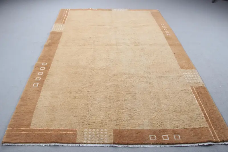 6.2x9.1 ft Vintage Turkish Rug, Large Rug, Brown Beige Polka dot Wool Rug - 1