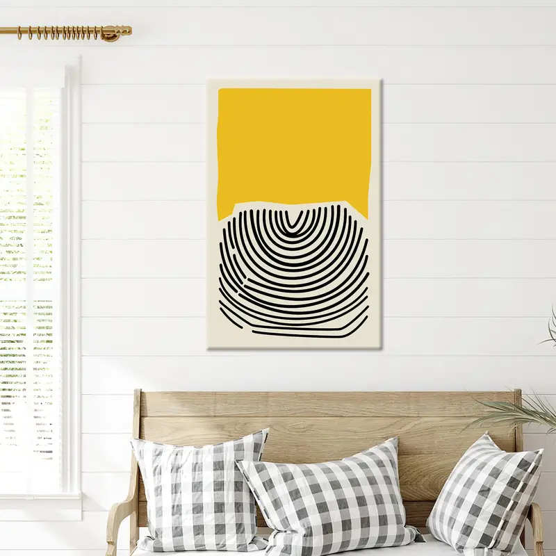 ミニマルボヘミアン抽象キャンバス: エレガントなイエロープリントアートワーク