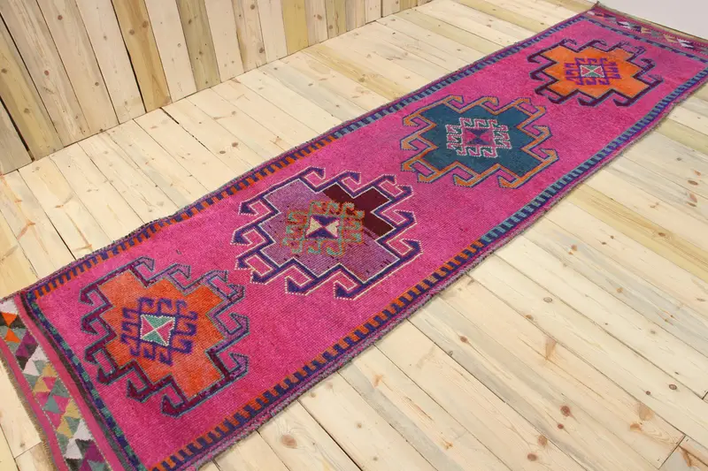 Vintage Türk Halısı, 3x11.9 ft Runner Halısı, Kırmızı Mavi Fas Halısı - 1