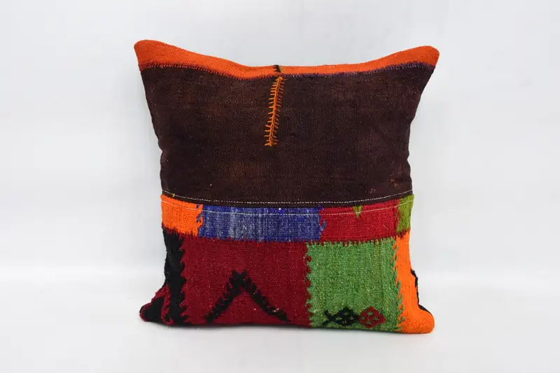 Turkish 16x16 inch Pillow Sham, Brown Antique Geometric Cushion - 1