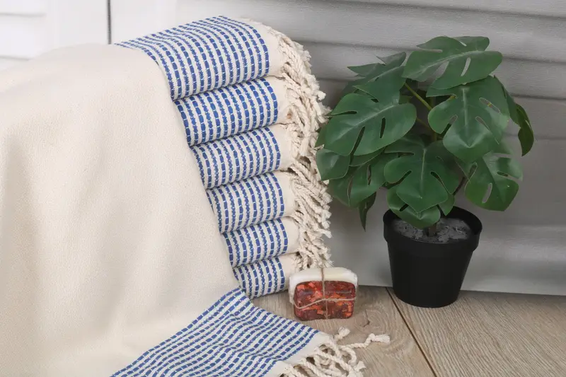 Monogrammed Turkish Beach Towel Sax Blue Stripes, 69x36 Inches