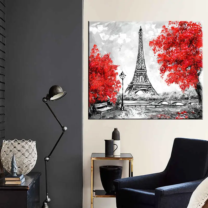 Özet Eyfel Kulesi, Tuval Baskıları, Eyfel Kulesi, Resim Paris, Kırmızı Paris Duvar Sanatı, Eyfel Kulesi Tuval Sanatı, Kırmızı Ağaç Yaprakları Tuval, - 2